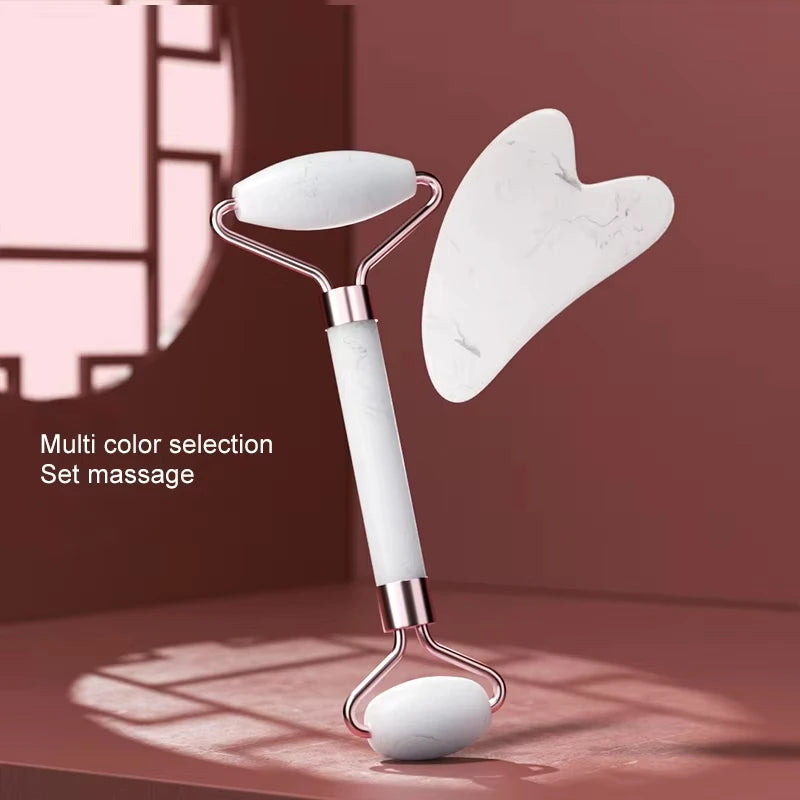 Roller facial natural din jad și cuarț roz–unealtă de masaj pentru față, gât și zona ochilor
