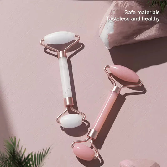 Roller facial natural din jad și cuarț roz–unealtă de masaj pentru față, gât și zona ochilor