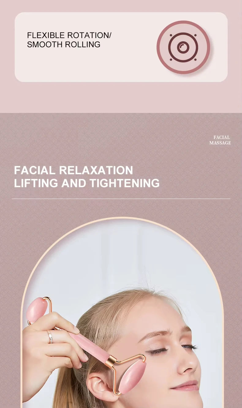 Roller facial natural din jad și cuarț roz–unealtă de masaj pentru față, gât și zona ochilor