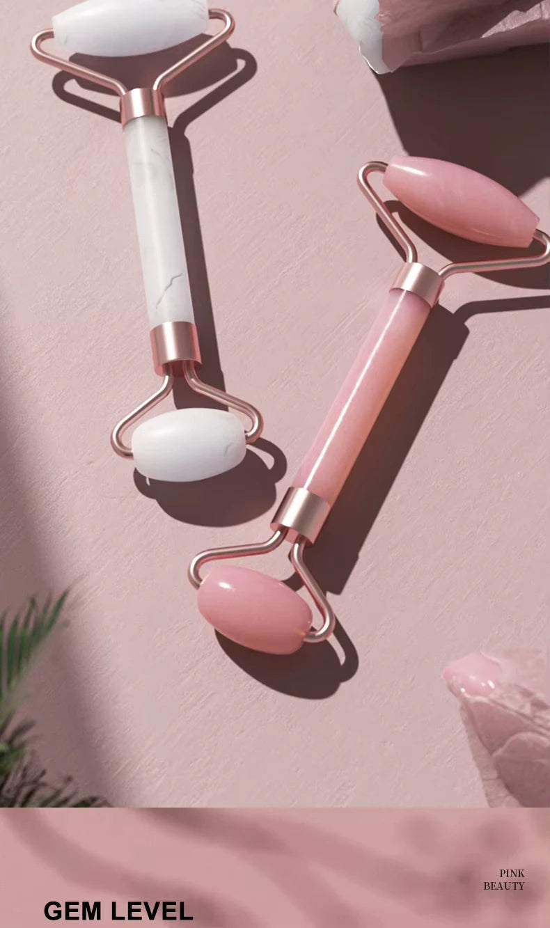 Roller facial natural din jad și cuarț roz–unealtă de masaj pentru față, gât și zona ochilor
