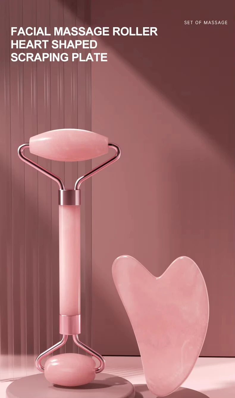 Roller facial natural din jad și cuarț roz–unealtă de masaj pentru față, gât și zona ochilor