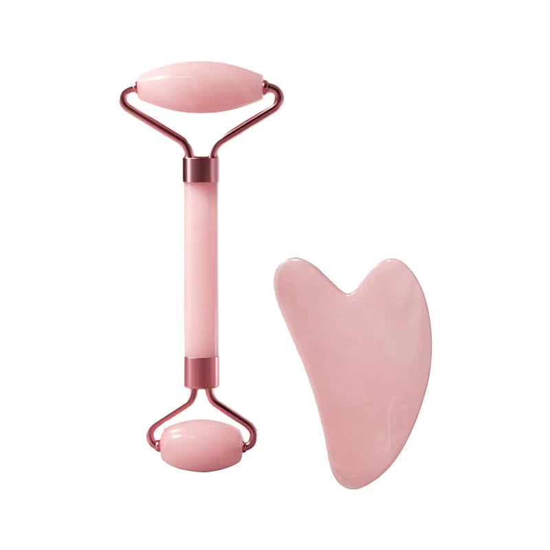 Roller facial natural din jad și cuarț roz–unealtă de masaj pentru față, gât și zona ochilor