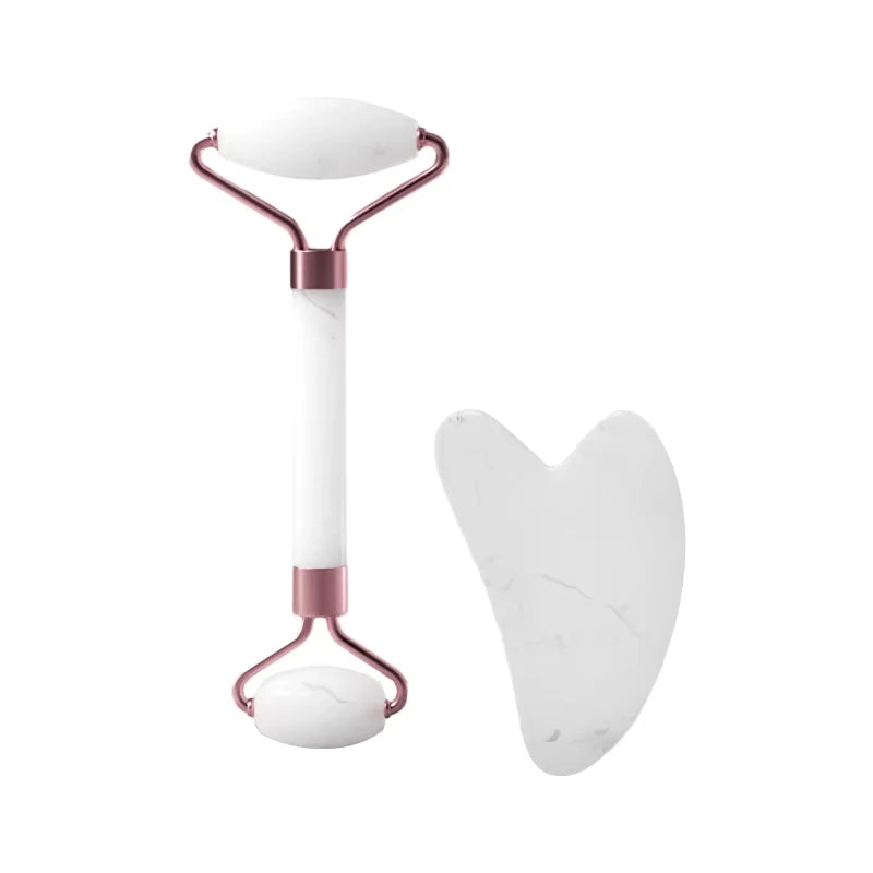 Roller facial natural din jad și cuarț roz–unealtă de masaj pentru față, gât și zona ochilor