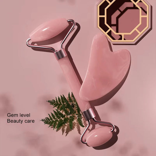 Roller facial natural din jad și cuarț roz–unealtă de masaj pentru față, gât și zona ochilor