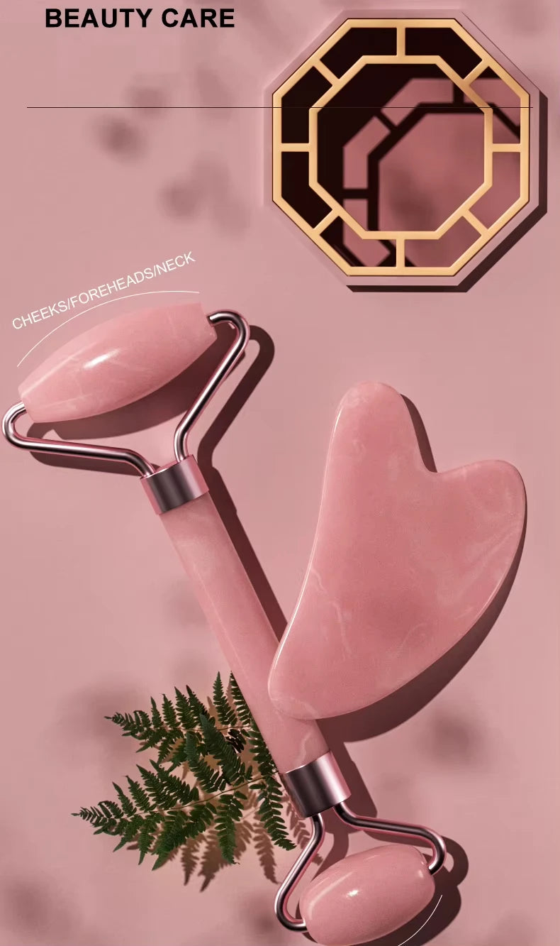 Roller facial natural din jad și cuarț roz–unealtă de masaj pentru față, gât și zona ochilor